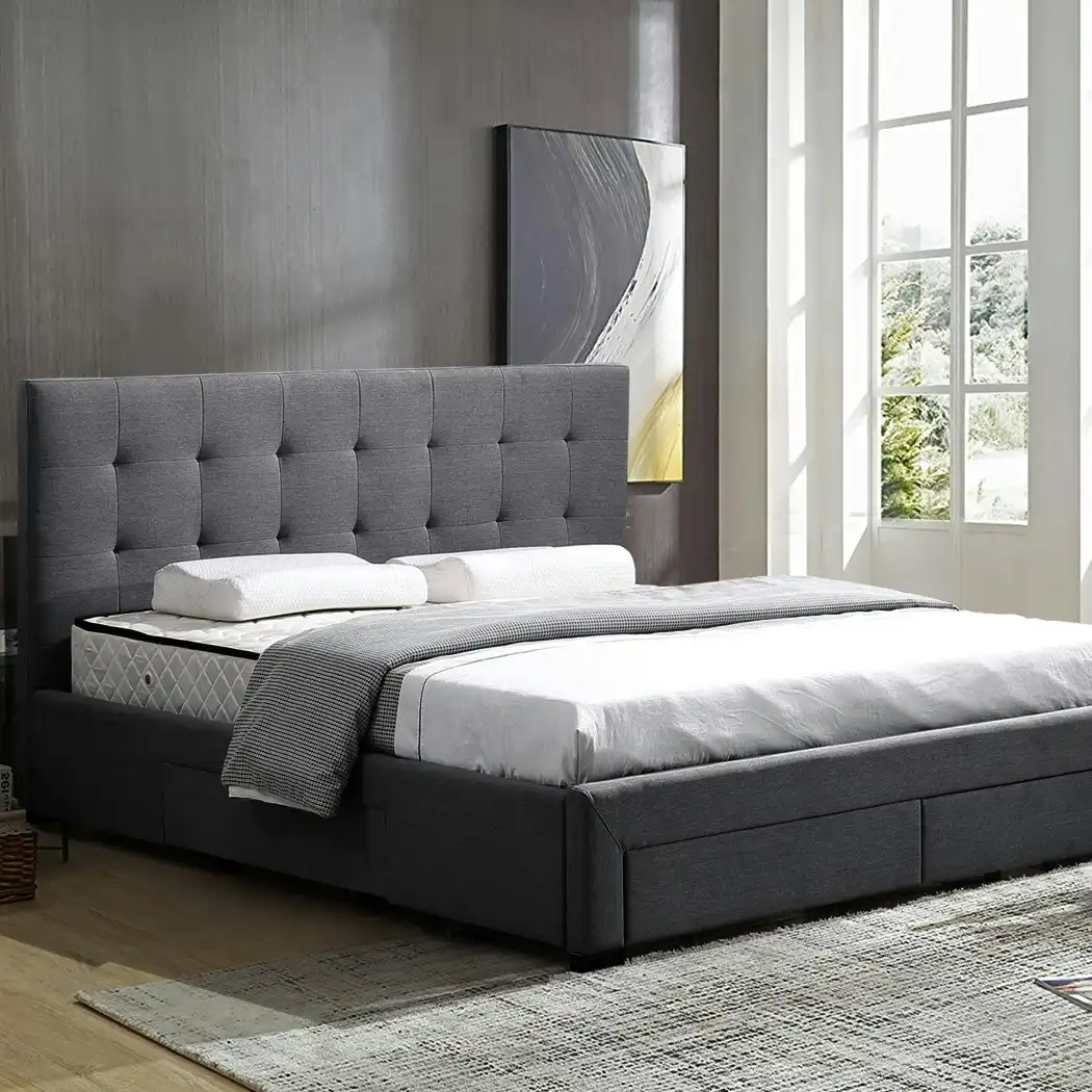 Levede Queen Bed Frame Fabric Tufted 4 Drawers Storage Wooden Mattress Dark Grey