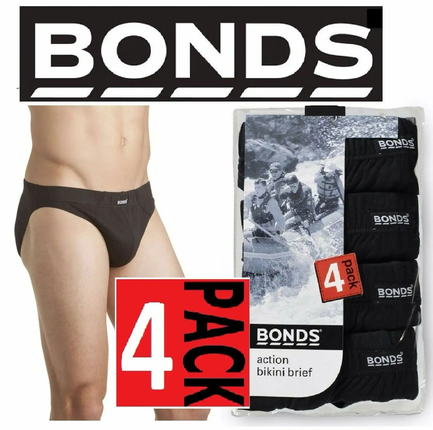 Bonds Mens 4 Pairs Black Action Bikini Brief Underwear Jocks