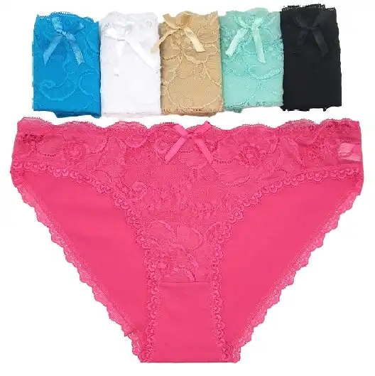 6 x Womens Lace Front Cotton Back Briefs - Undies Bikini Coloured Underwear