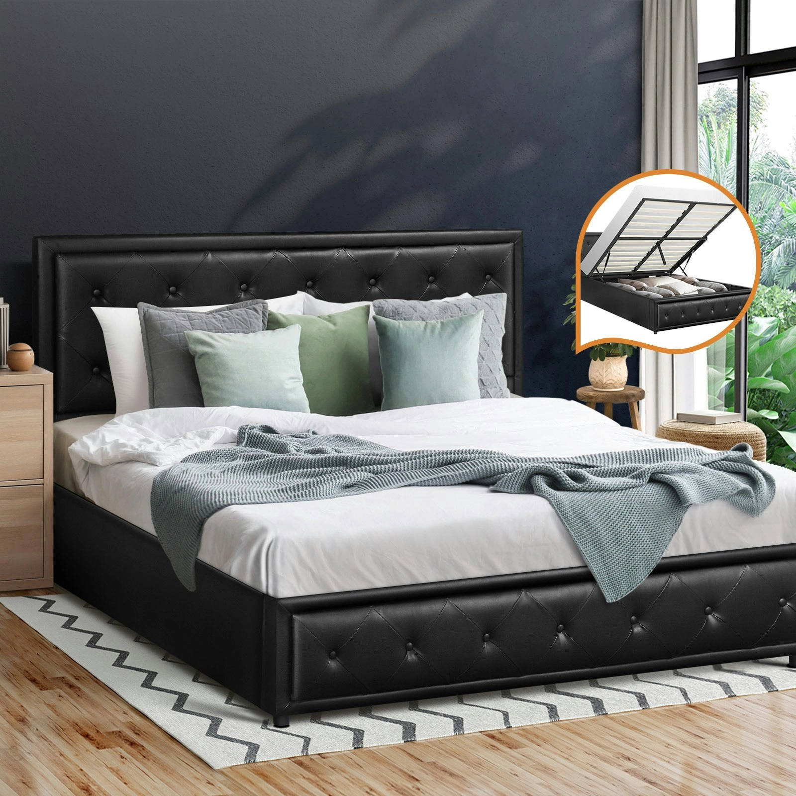 Oikiture Bed Frame Double Size Gas Lift Base With Storage Black Leather