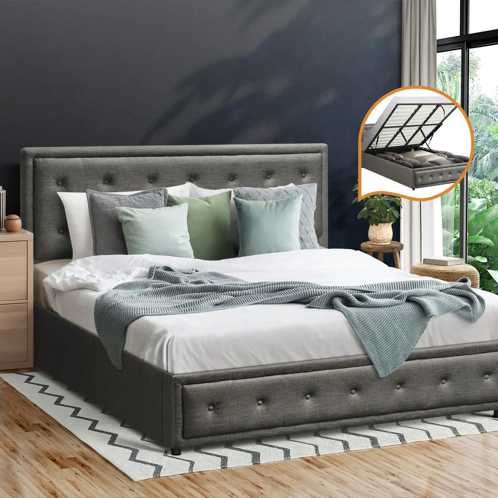 Oikiture Bed Frame King Size Gas Lift Base With Storage Grey Fabric