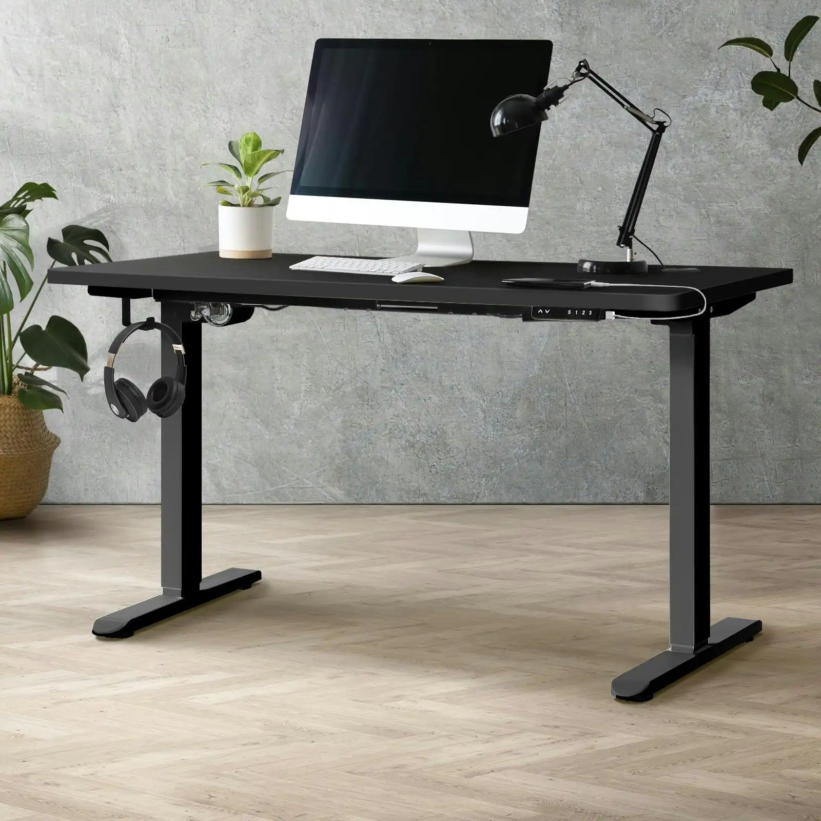 Oikiture 140CM Electric Standing Desk Single Motor Black Frame Black Desktop With USB&Type C Port