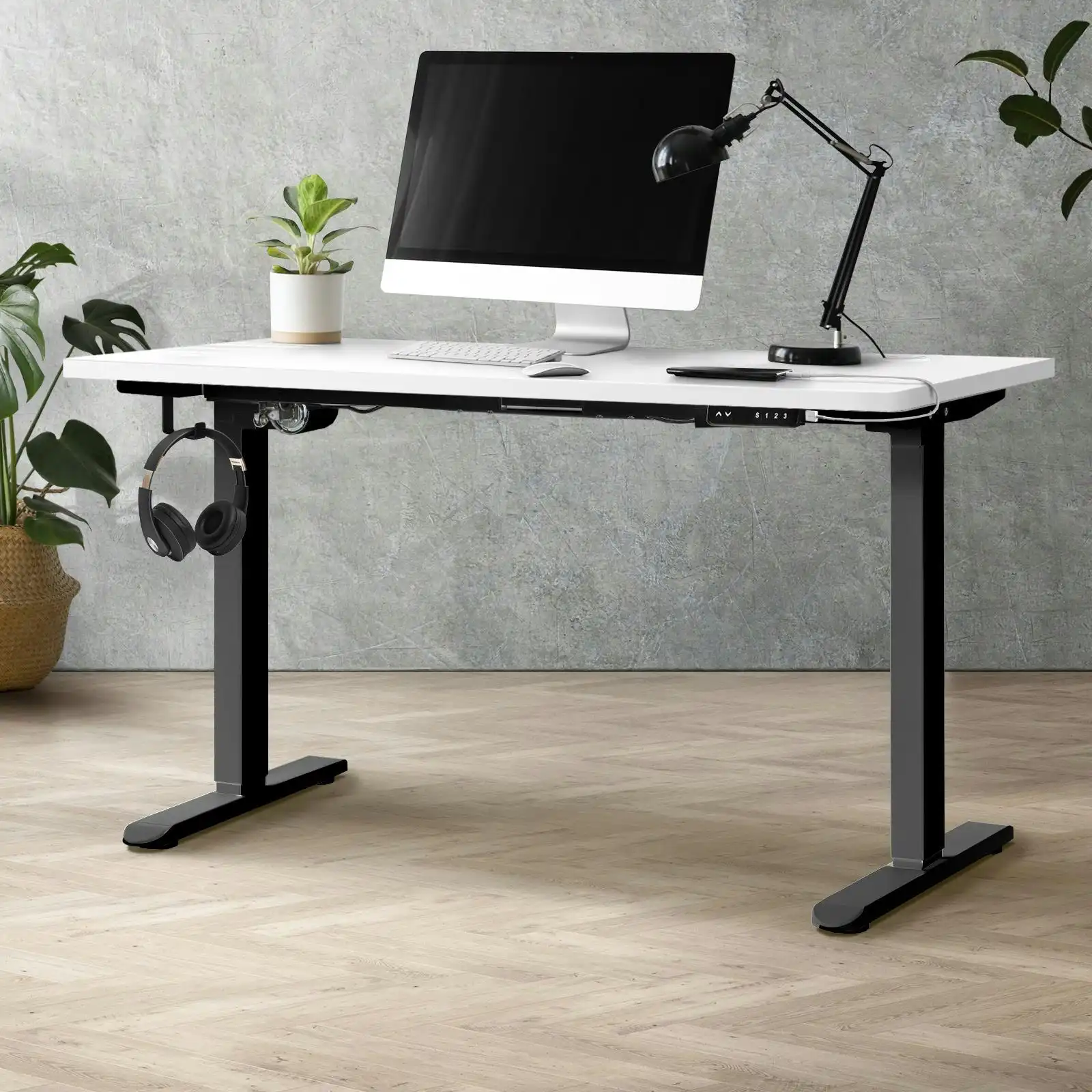 Oikiture 140CM Electric Standing Desk Single Motor Black Frame White Desktop With USB&Type C Port