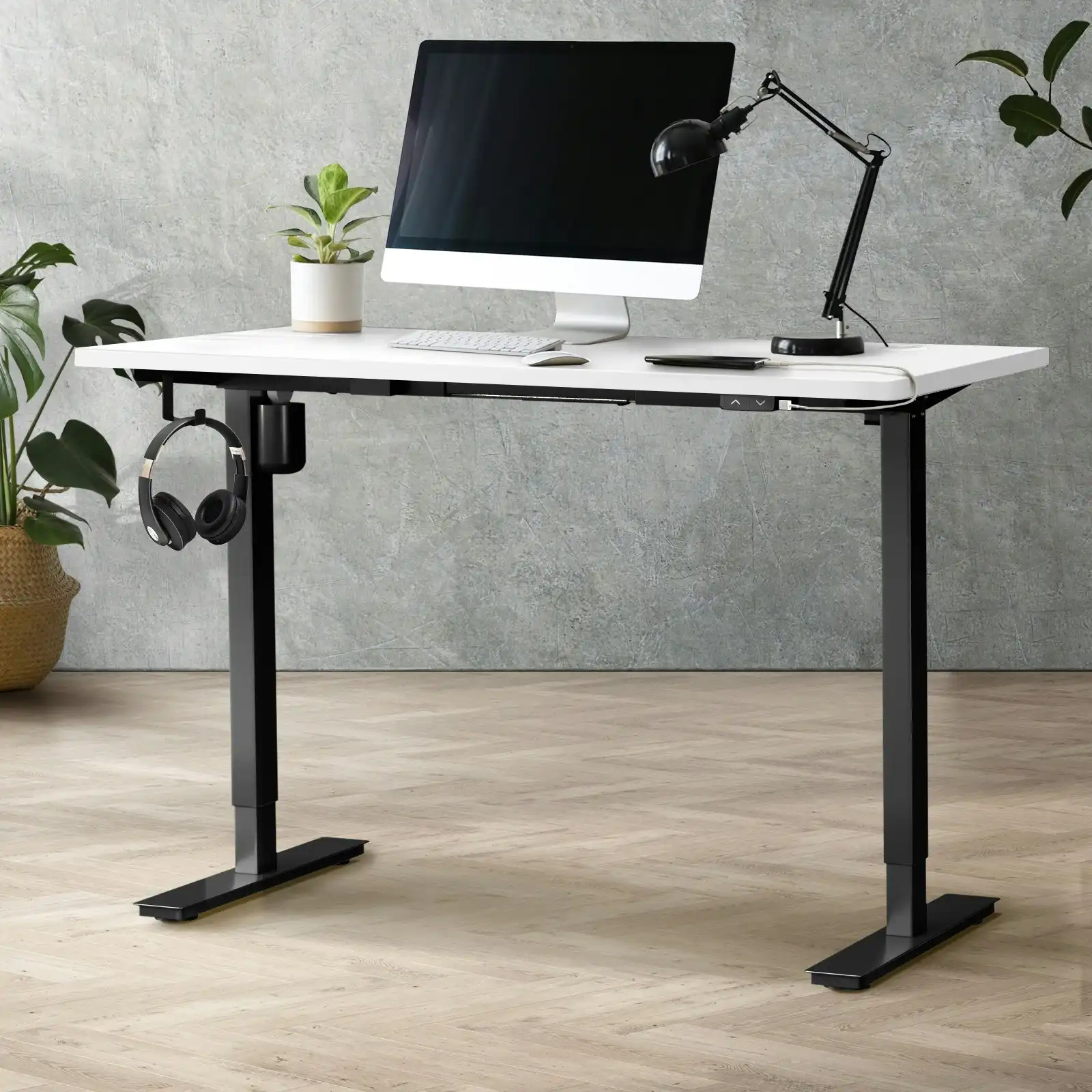 Oikiture 140cm Electric Standing Desk Single Motor Black Frame White Desktop