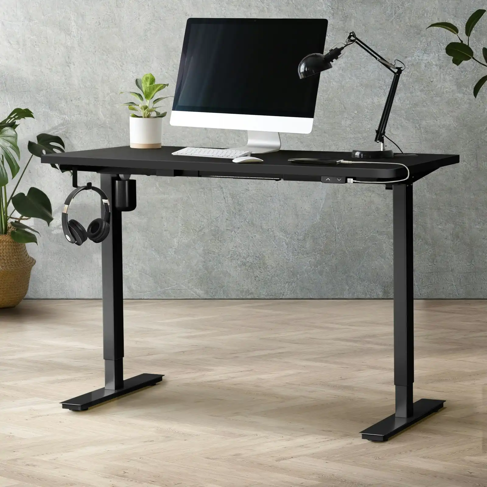 Oikiture 140cm Electric Standing Desk Single Motor Black Frame Black Desktop