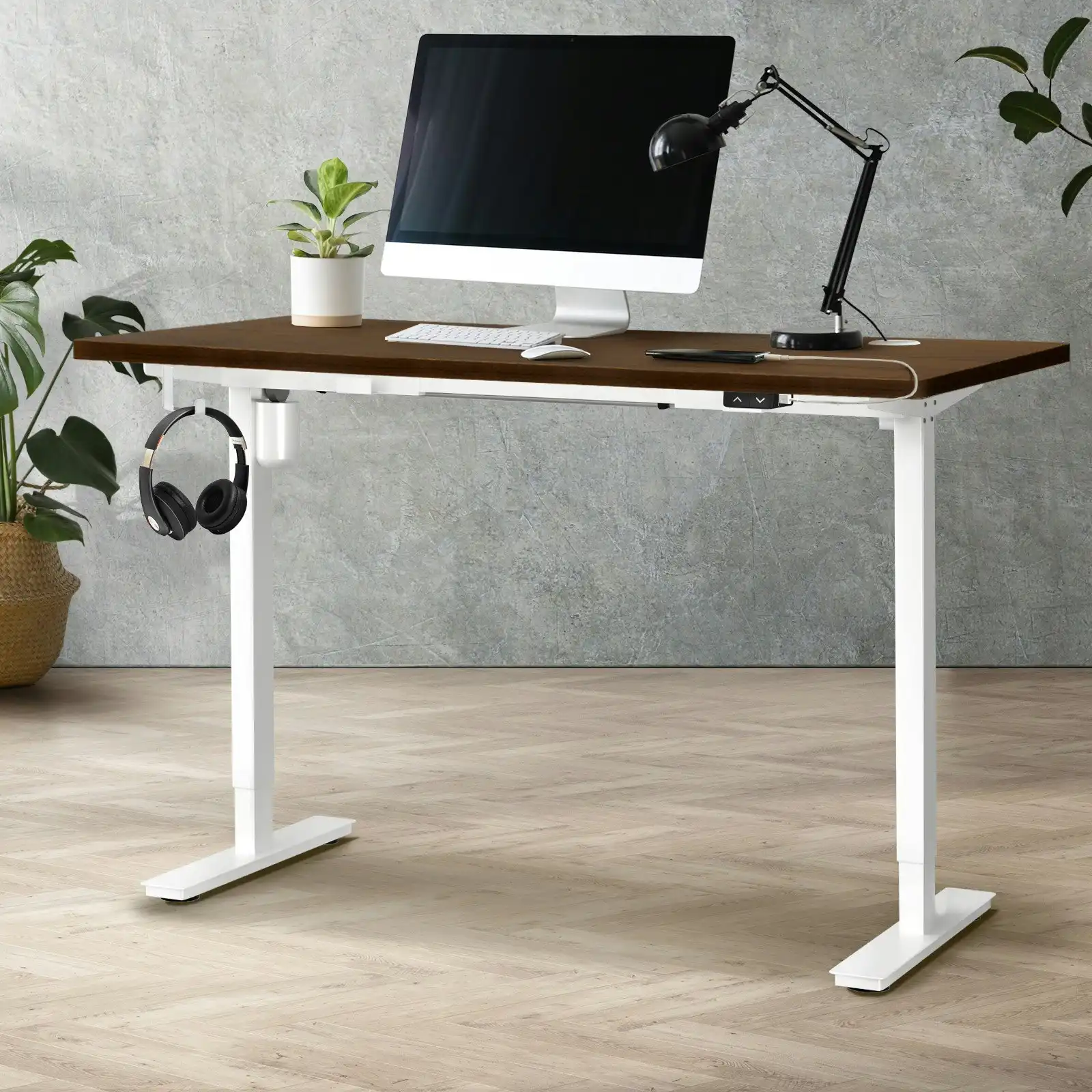 Oikiture 140CM Electric Standing Desk Single Motor Table Top Walnut