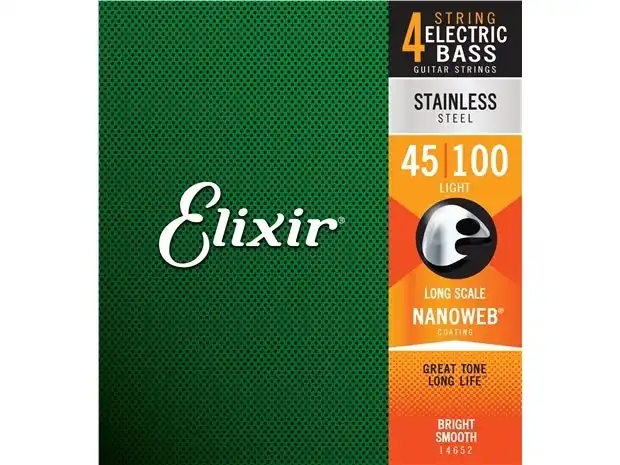 Elixir #14652 Bass Guitar Strings Nanoweb Coating Stainless Steel 45-100 Light
