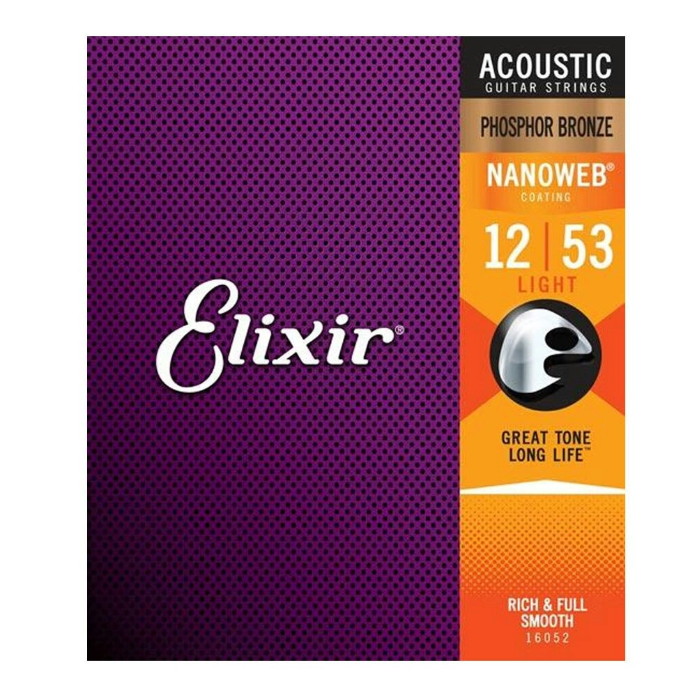 Elixir #16052 Acoustic Nanoweb Phosphor Bronze Guitar String 12-53 Light Gauge