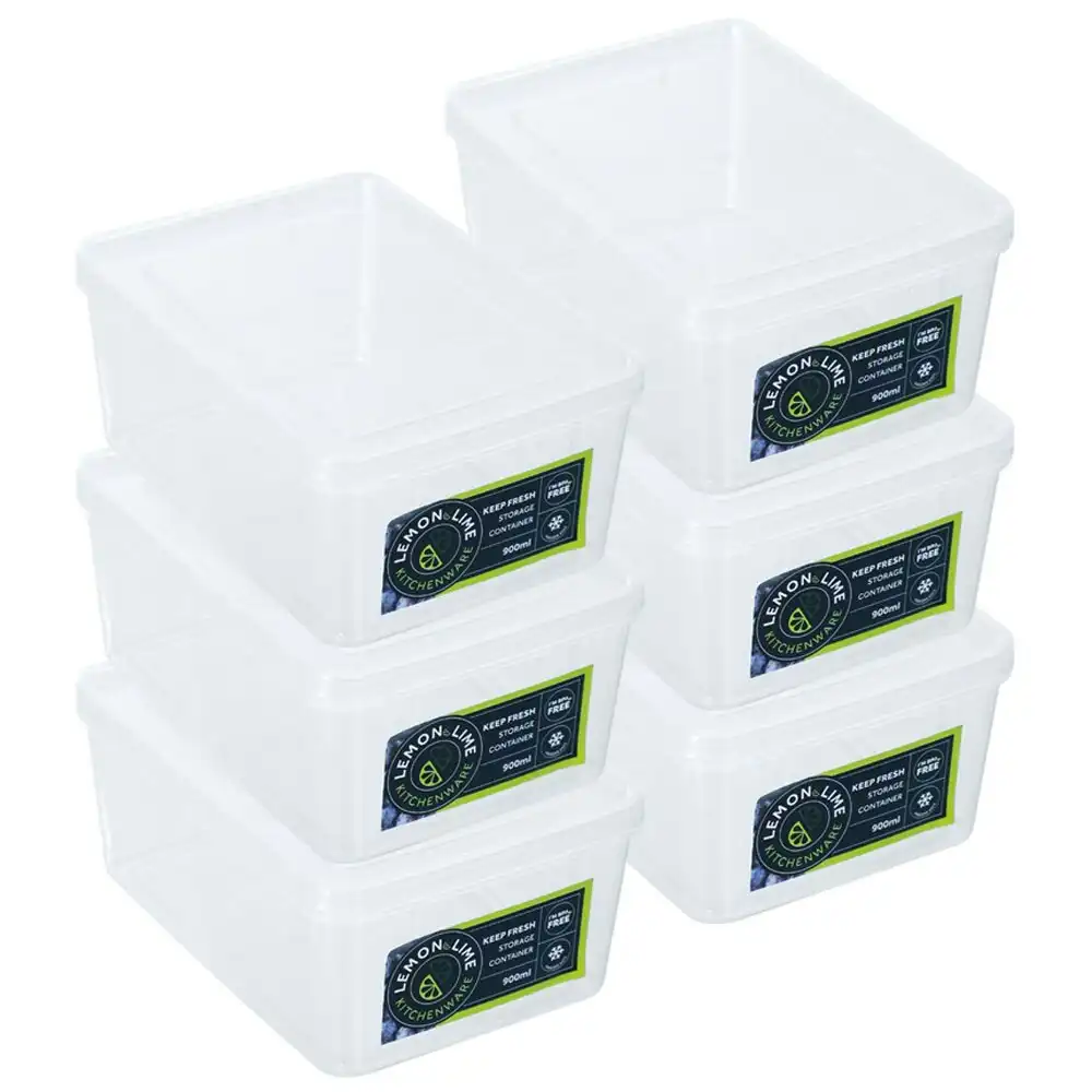 6x Lemon & Lime 900ml/16cm Keep Fresh Food Container/Rectangular Storage/Holder