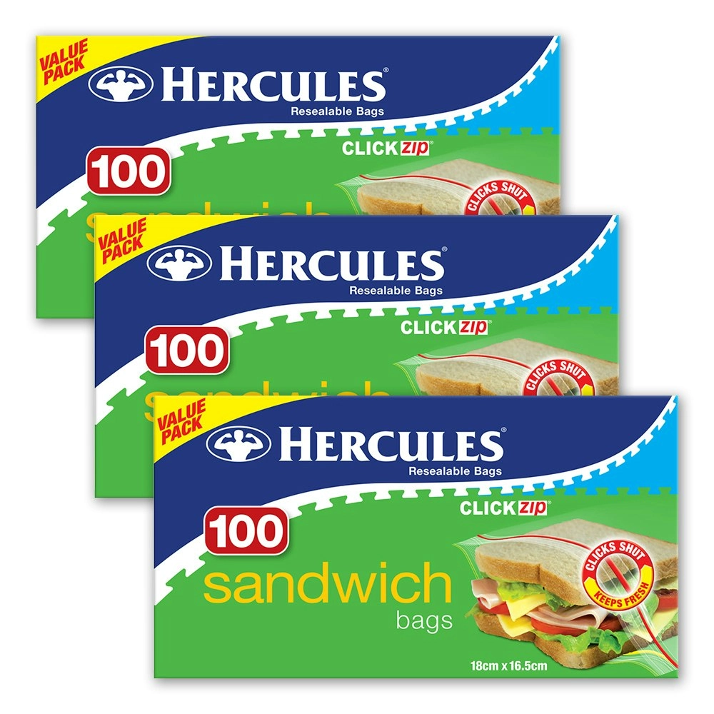 300pc Hercules Click Zip Resealable Sandwich Bag 18x16.5cm Food Storage BPA Free