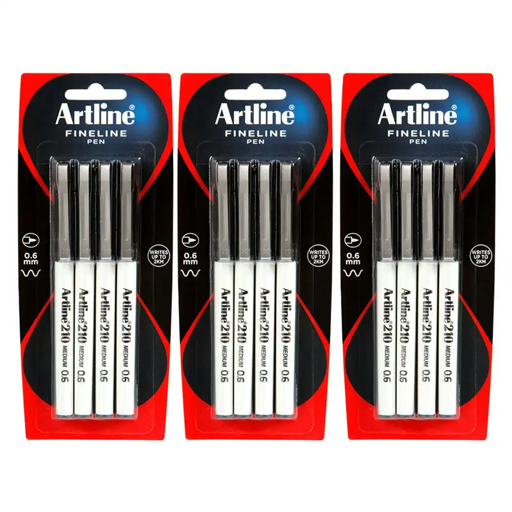 12pc Artline Fineline 210 Medium 0.6mm Line School Drawing Writing Pen Black