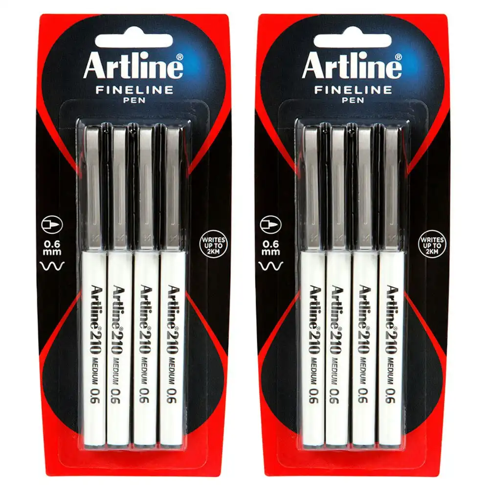 8pc Artline Fineline 210 Medium 0.6mm Line School Drawing Writing Pen Black