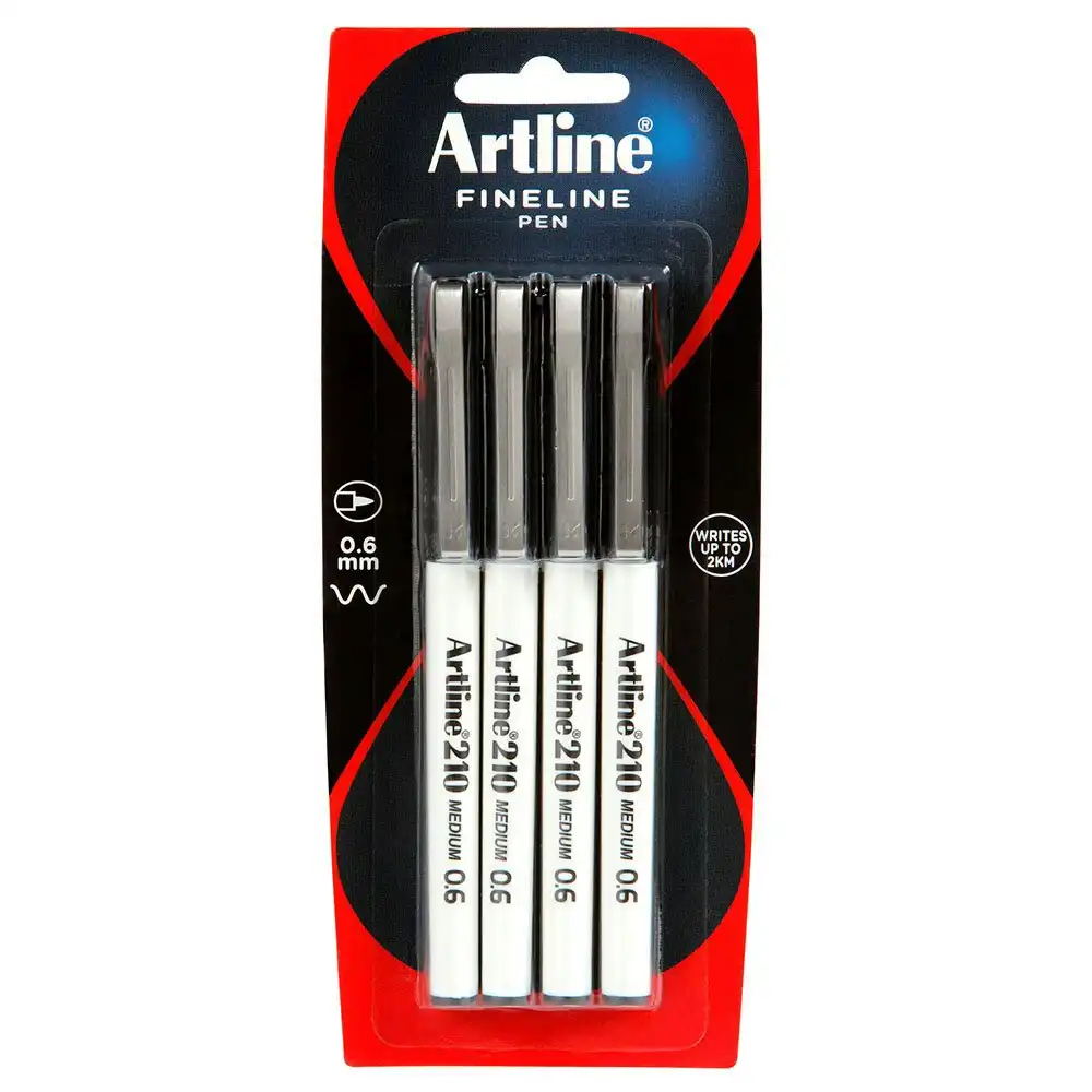 4pc Artline Fineline 210 Medium 0.6mm Line School Drawing Writing Pen Black