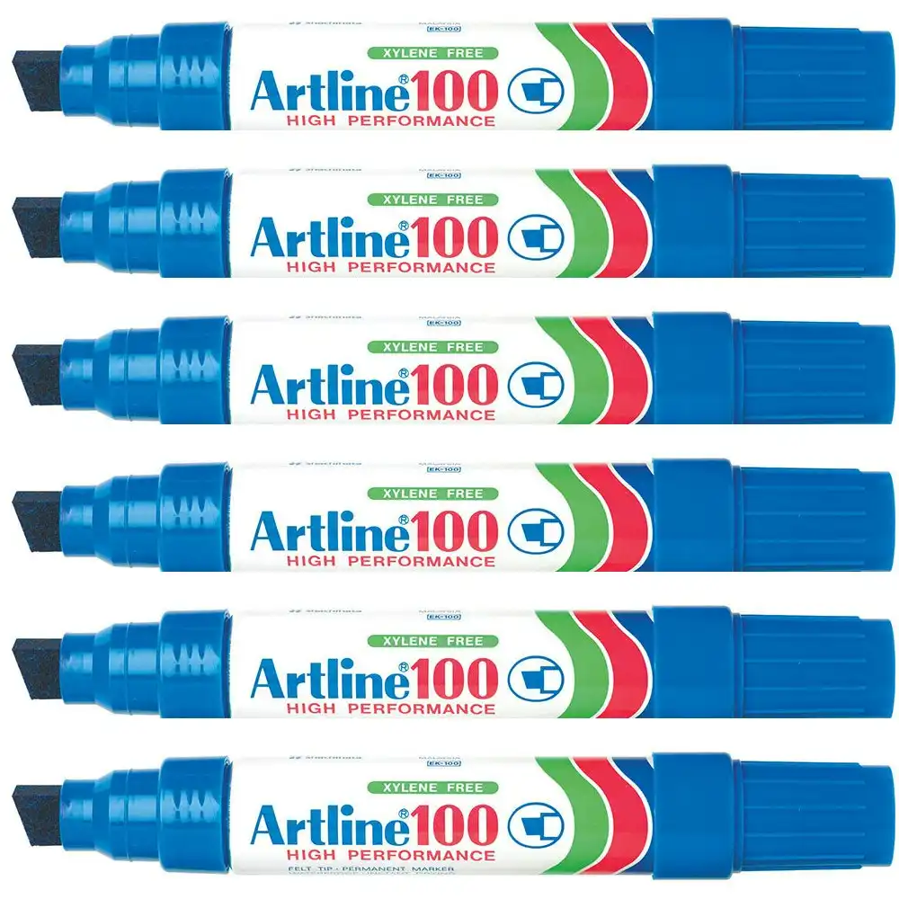 6pc Artline 100 Jumbo Permanent Chisel Whiteboard Writing 7.5-12mm Marker Blue