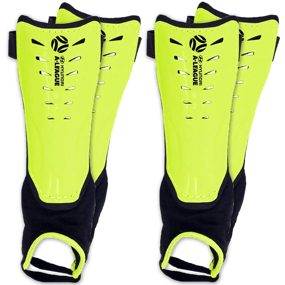 2x Hyundai A-League Shin Guard/Pads w/ Ankle Sock/Sports/Soccer Small Size/Lime