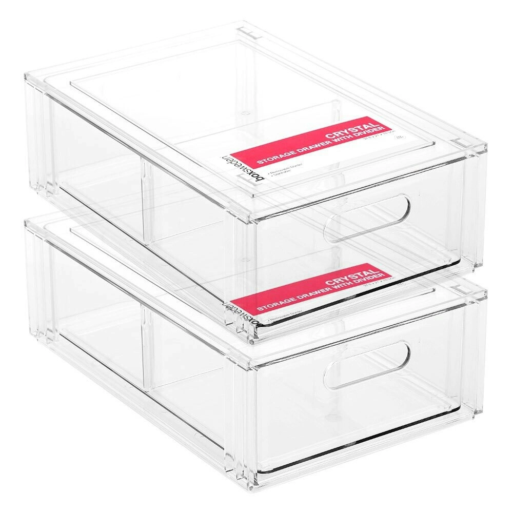 2x Boxsweden 31.5cm Crystal Storage Drawer w/ Divider Stackable Organiser Clear