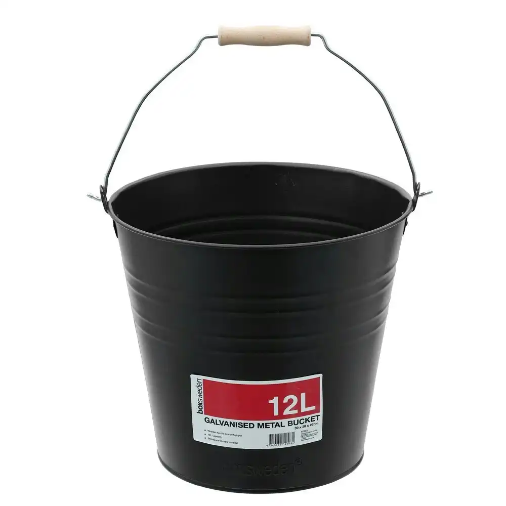 3PK Boxsweden 12L Metal Bucket 30cm Wood Handle Water Storage Container Black