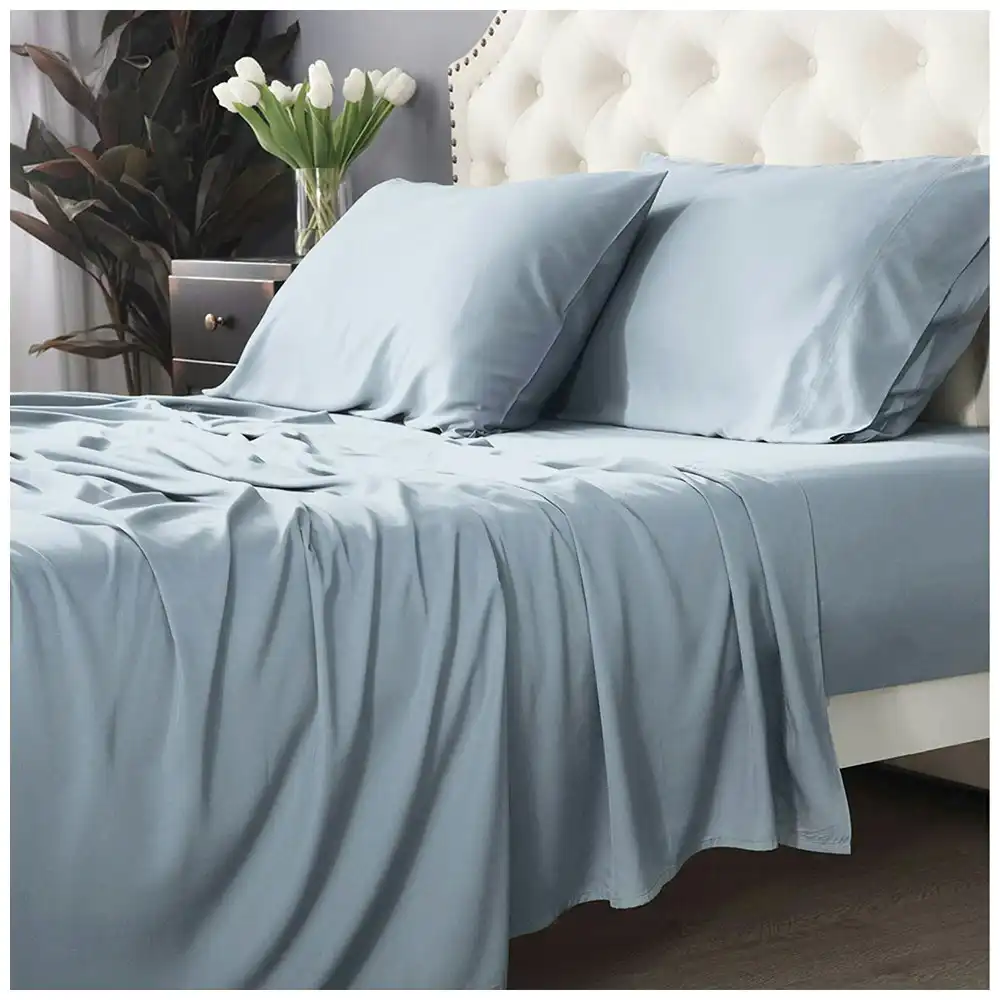 Park Avenue Split King Fitted Sheet Set/Pillowcases 500TC Bamboo Cotton Mid Blue