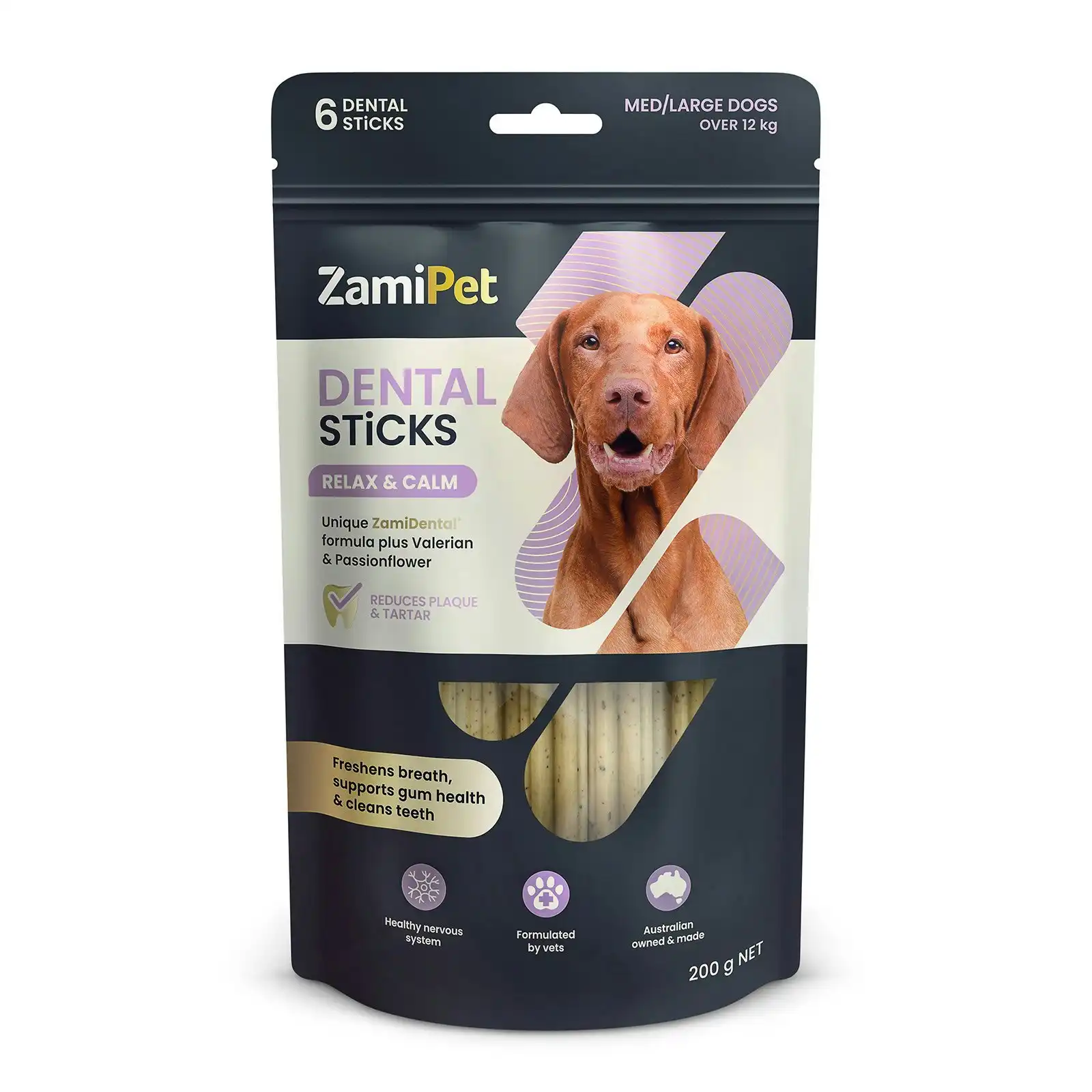 ZamiPet Dental Sticks Relax & Calm Treats For Medium & Large Dogs Over 12 Kg 6 Sticks 200 GM