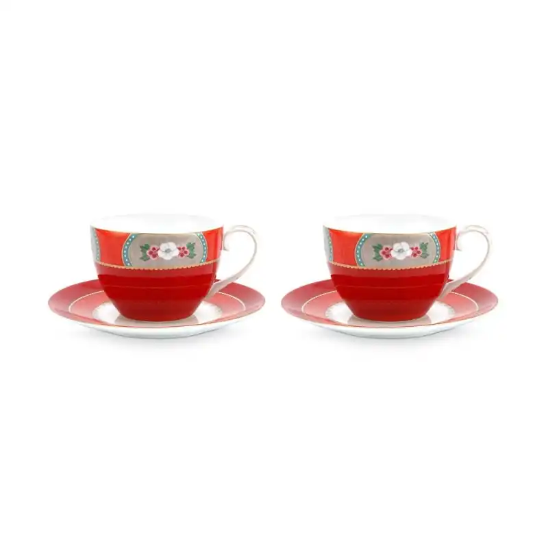 PIP Studio Blushing Birds Porcelain Red Tea Cup and Saucer Set of 2