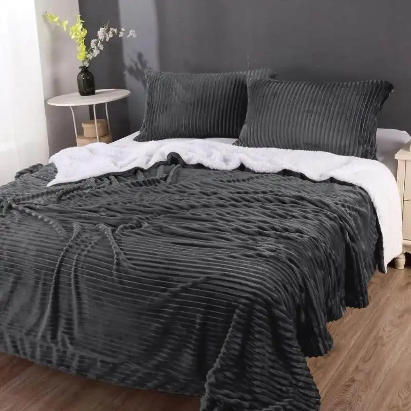 Home Fashion Stripe Flannel Sherpa Charcoal Comforter Set