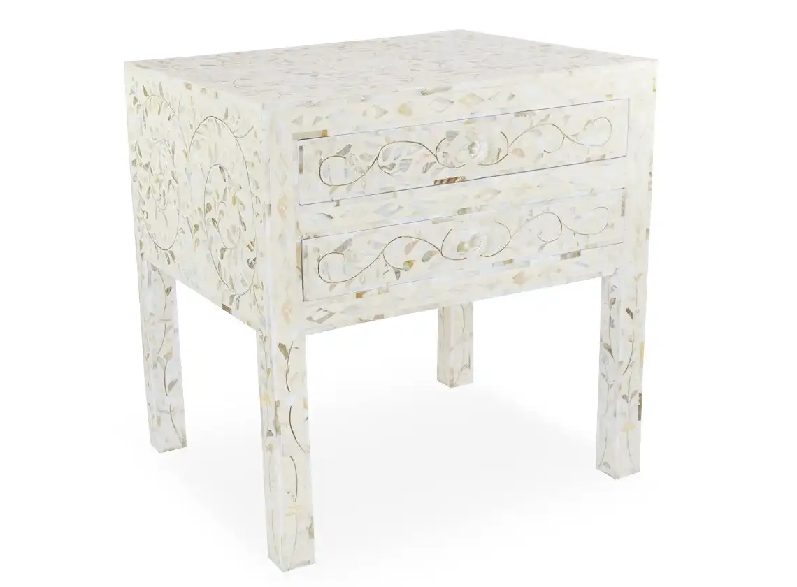 Zohi Interiors Mother of Pearl Inlay Bedside Table with 2 Drawers in White