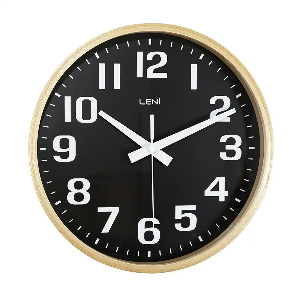 Leni 26cm Analogue Silent Modern Wood Wall Large Contrast Marking Face Clock BLK