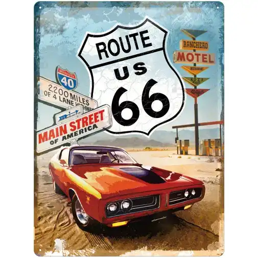 Nostalgic Art Route 66 Red Car 30x40cm Large Sign Home/Garage Wall Hanging Decor