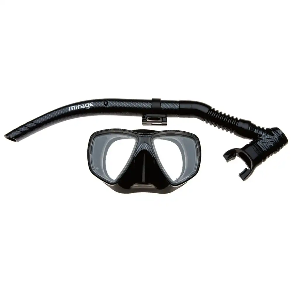 2pc Mirage Carbon Adult Swimming/Beach Silicone Mask/Purge Snorkel Set Black
