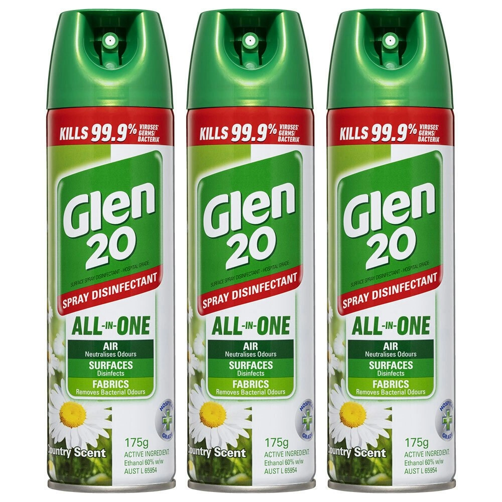 3x Glen 20 Disinfectant Spray 175g Kill 99.9% Virus/Germs/Bacteria Country Scent