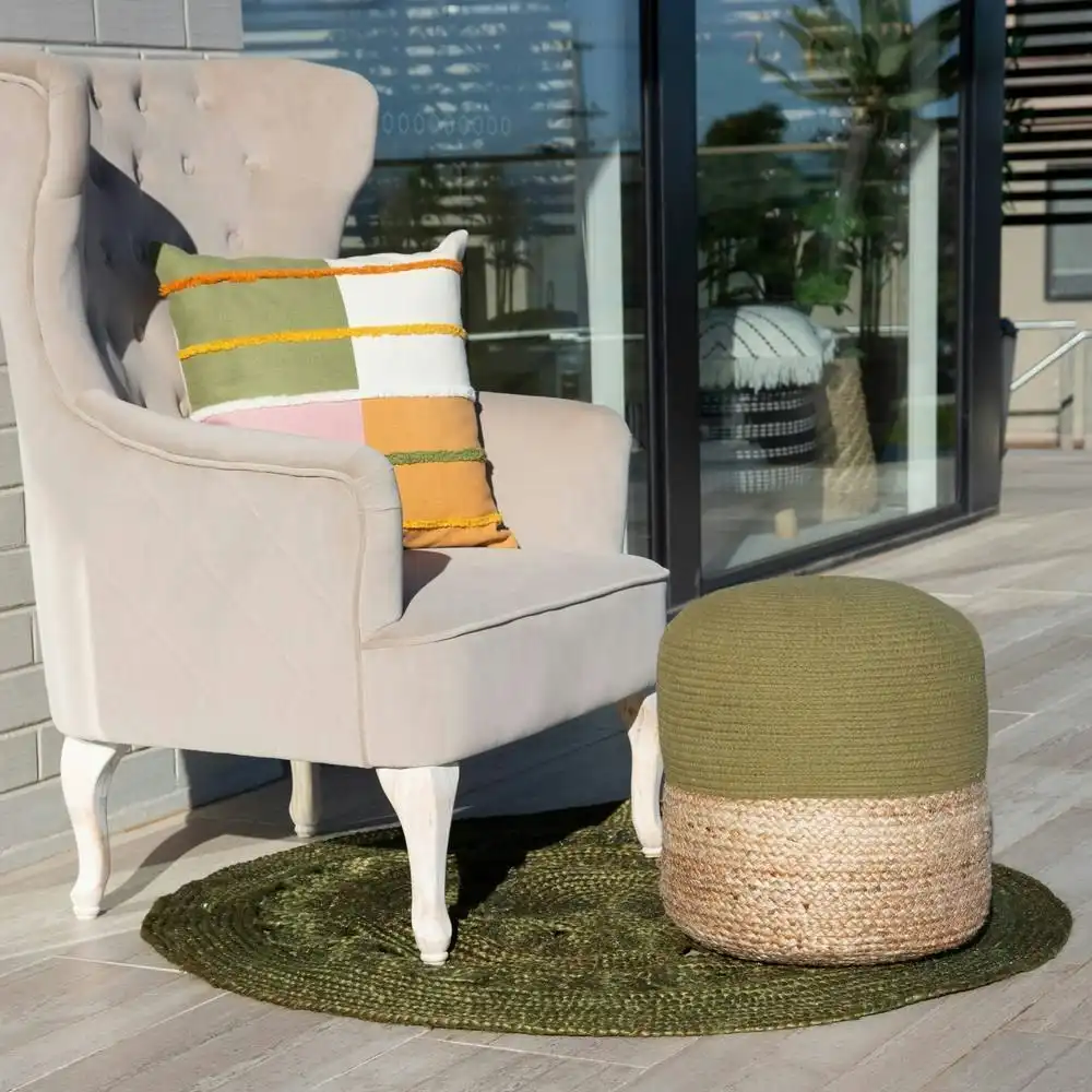 J. Elliot Henri Round Jute/Cotton Ottoman 45cm Lounge/Patio Foot Stool Olive