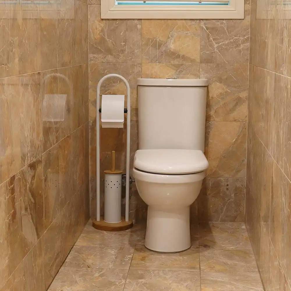 White Magic Eco Basics Bamboo Toilet Paper/Roll Dispenser/Brush Stand Set White