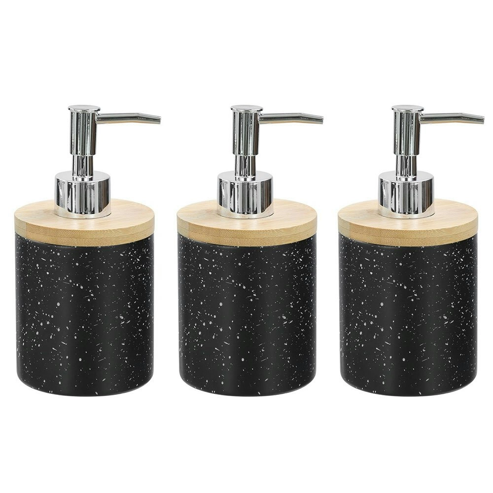 3x Boxsweden Bano 8x16cm Bathroom Ceramic Soap Dispenser Bamboo Top BLK Speckle