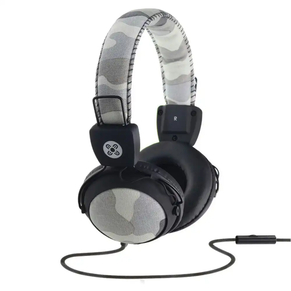 Moki Camo Headphones On Ear Stereo Headset Headband w/In-line Microphone Grey