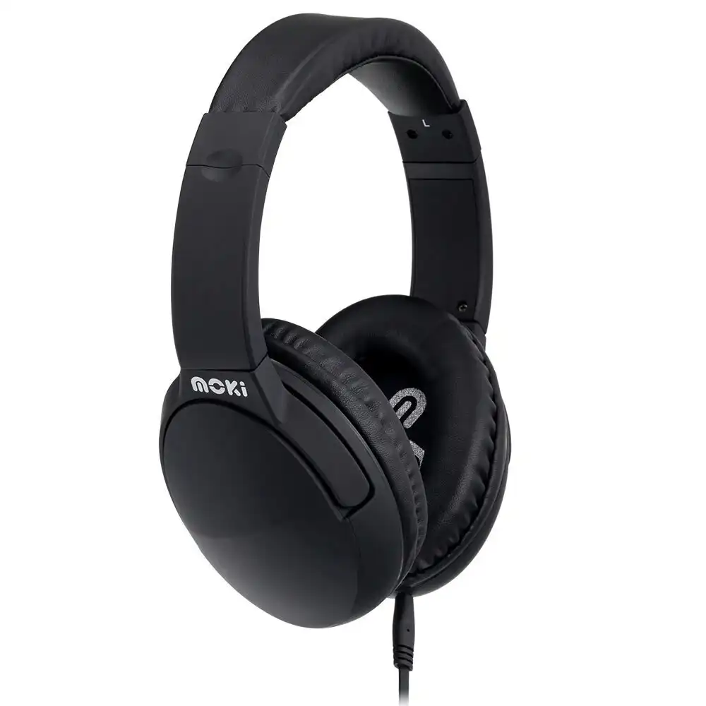 Moki Noise Cancellation Headphones On/Over Ear Cup Headband/Headset w/ Mic Black