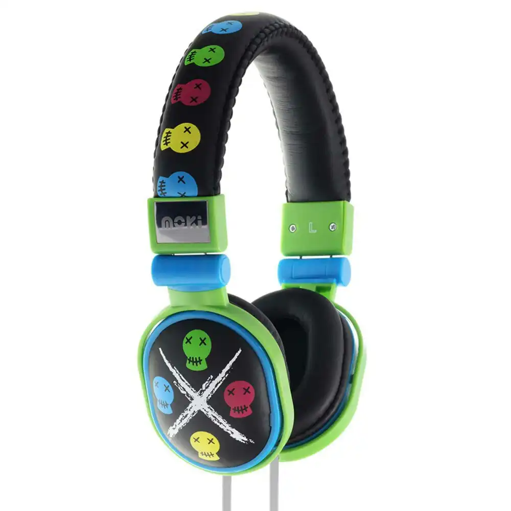 Moki Popper Children/Kids Headphones Over Ear Cup Stereo Headband Skull Black