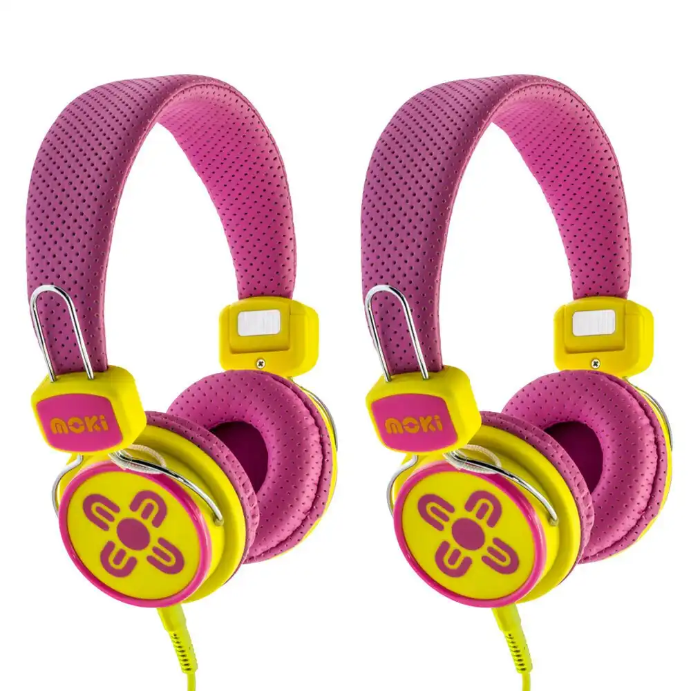 2PK Moki Kid Safe Volume Limited Headphones Over Ear Cup Headband 3y+ Pink/YL