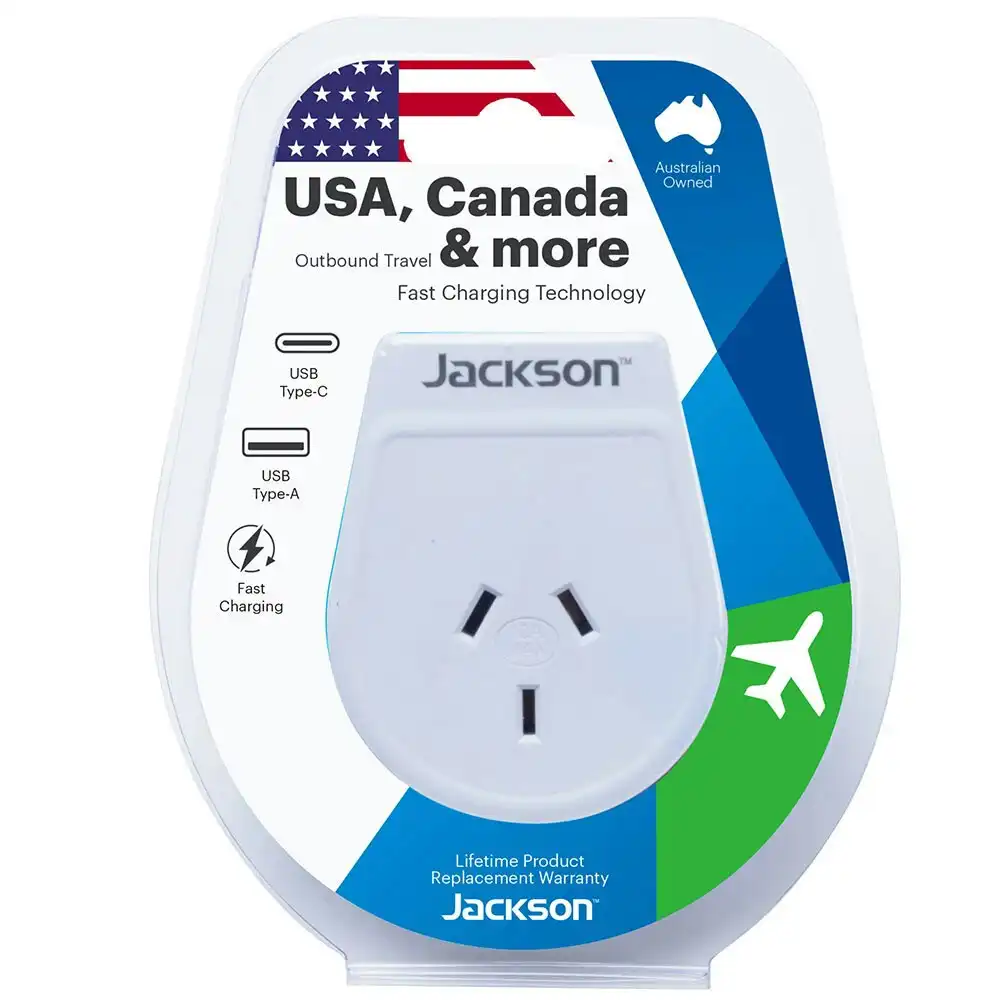 Jackson Travel Power Adaptor/Adapter AUS/NZ To USA & Canada w/ USB Type A/Type C