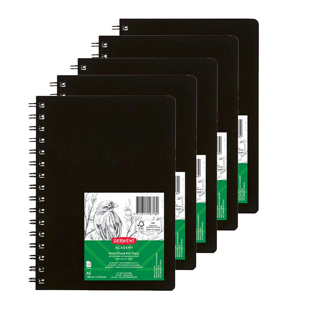 5pc Derwent Academy Spiral 110 gsm A5 120pg Artist/Paint Visual Art Diary Black