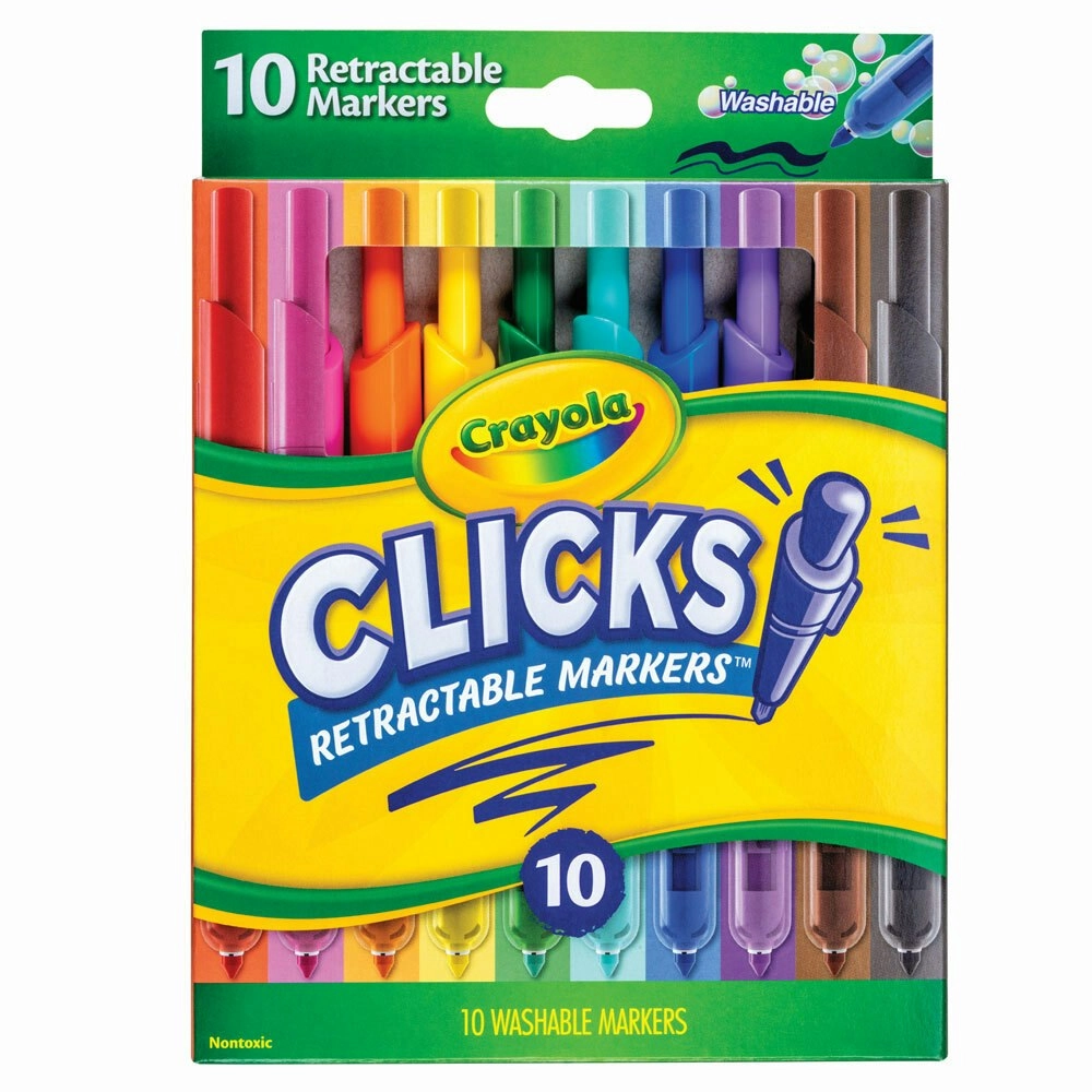 10pc Crayola Clicks Retractable Washable Non Toxic Coloured Markers Art Kids 8y+