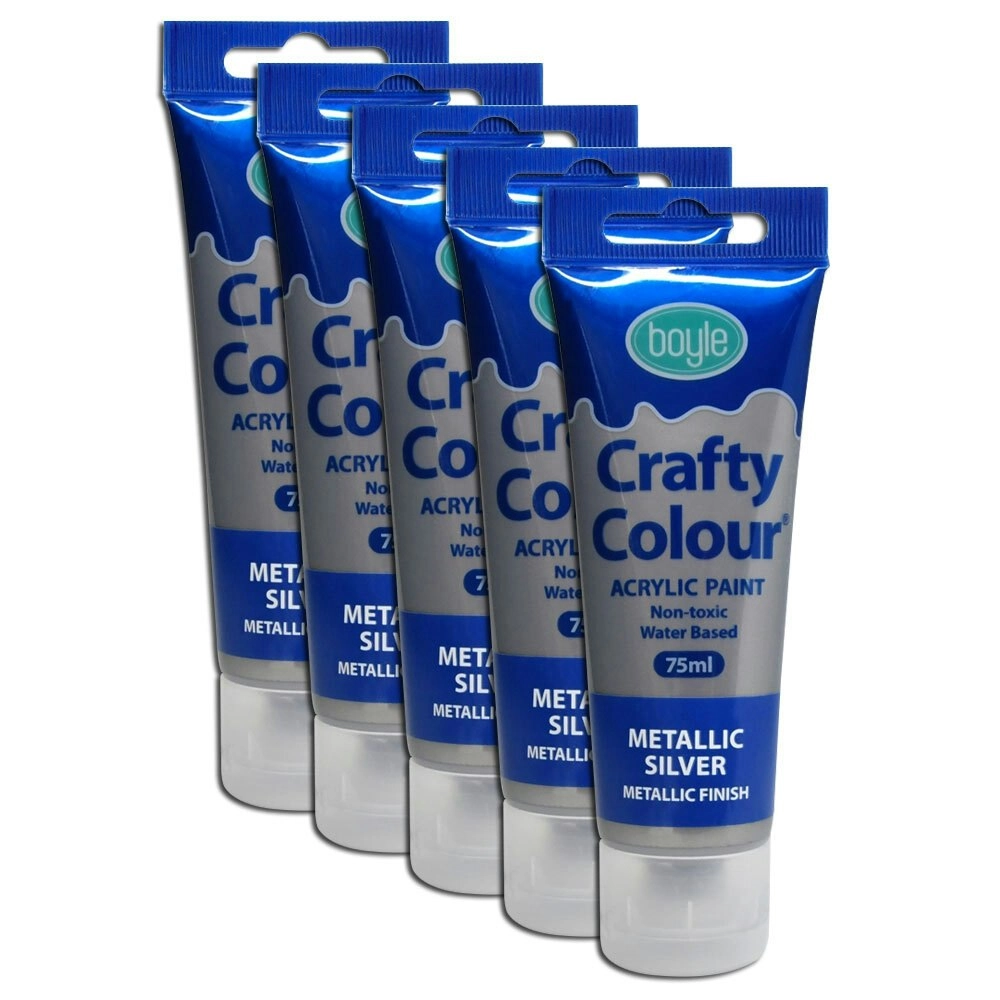 5x Crafty Colour Art/Craft 75ml Acrylic Paint Tube Water-Based Metallic Silver