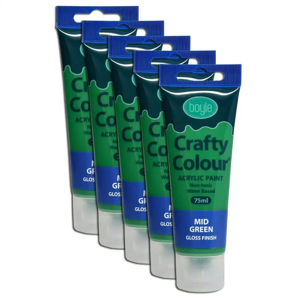 5x Crafty Colour Art/Craft Water-Based 75ml Acrylic Glossy Paint Tube Mid Green