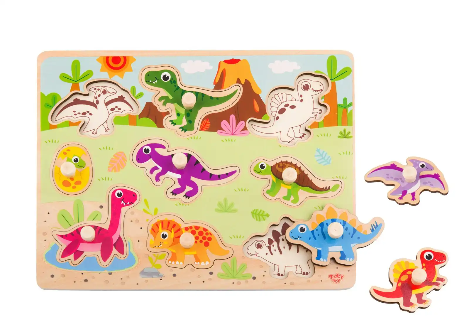 Tooky Toy Wooden Dinosaur Peg Kids/Toddler Learning Play 30cm Puzzle Board 18m+