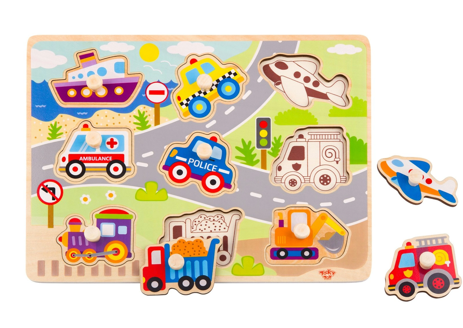 Tooky Toy Wooden Vehicle Peg Kids/Toddler Learning Play 30cm Puzzle Board 18m+