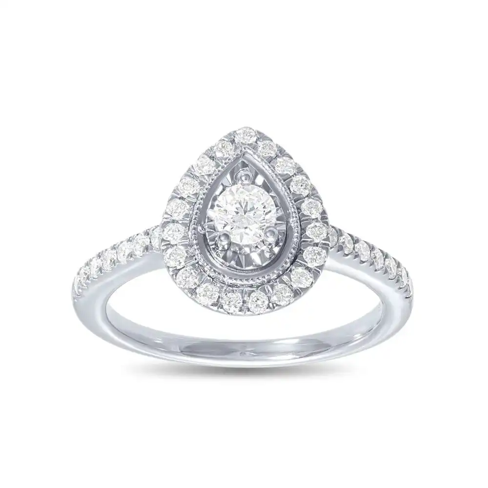 Facets of Love Pear Halo Solitaire Ring with 1/2ct of Diamonds in 18ct White Gold