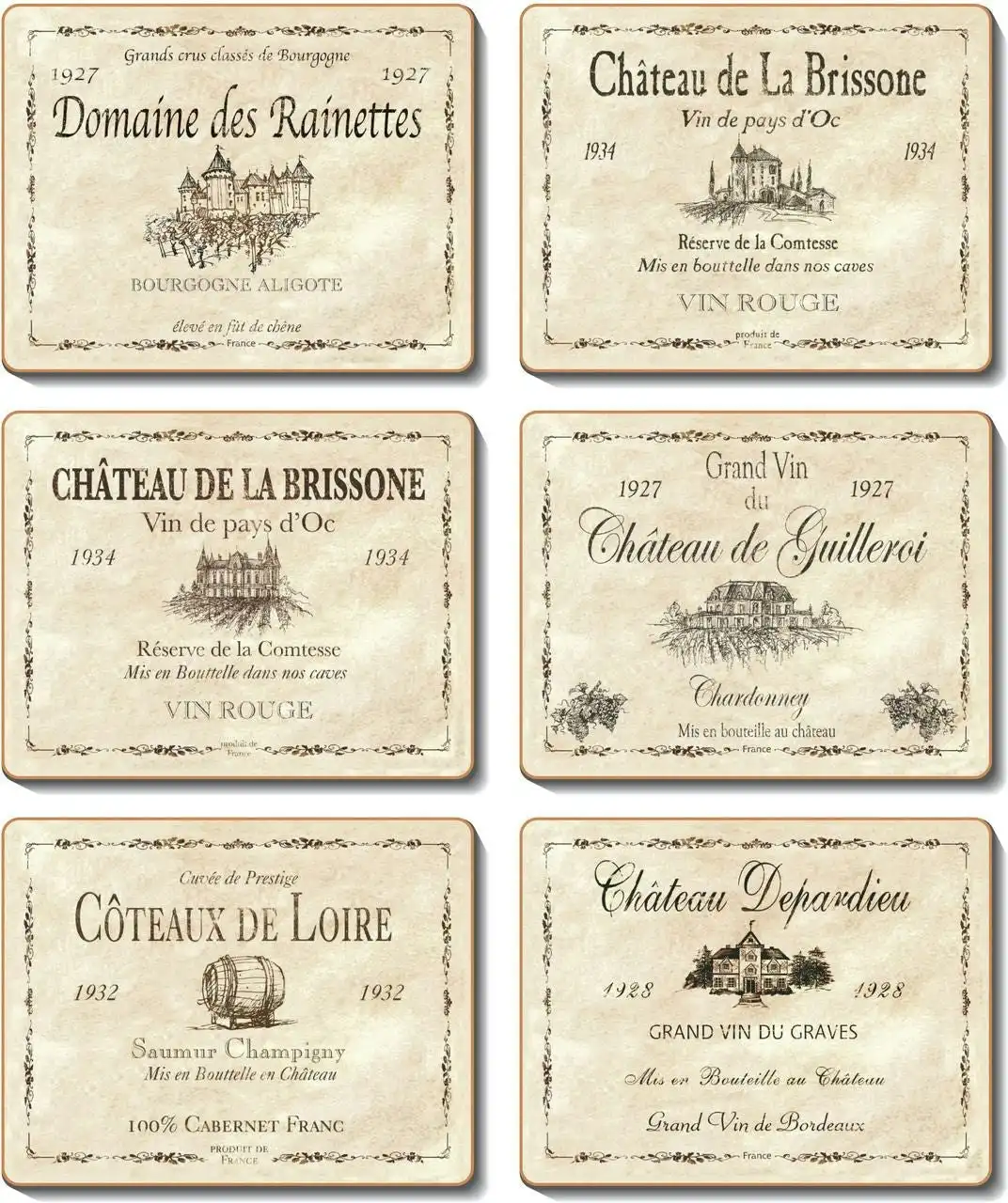 Cinnamon | Wine Labels Coasters 6 Pieces Set