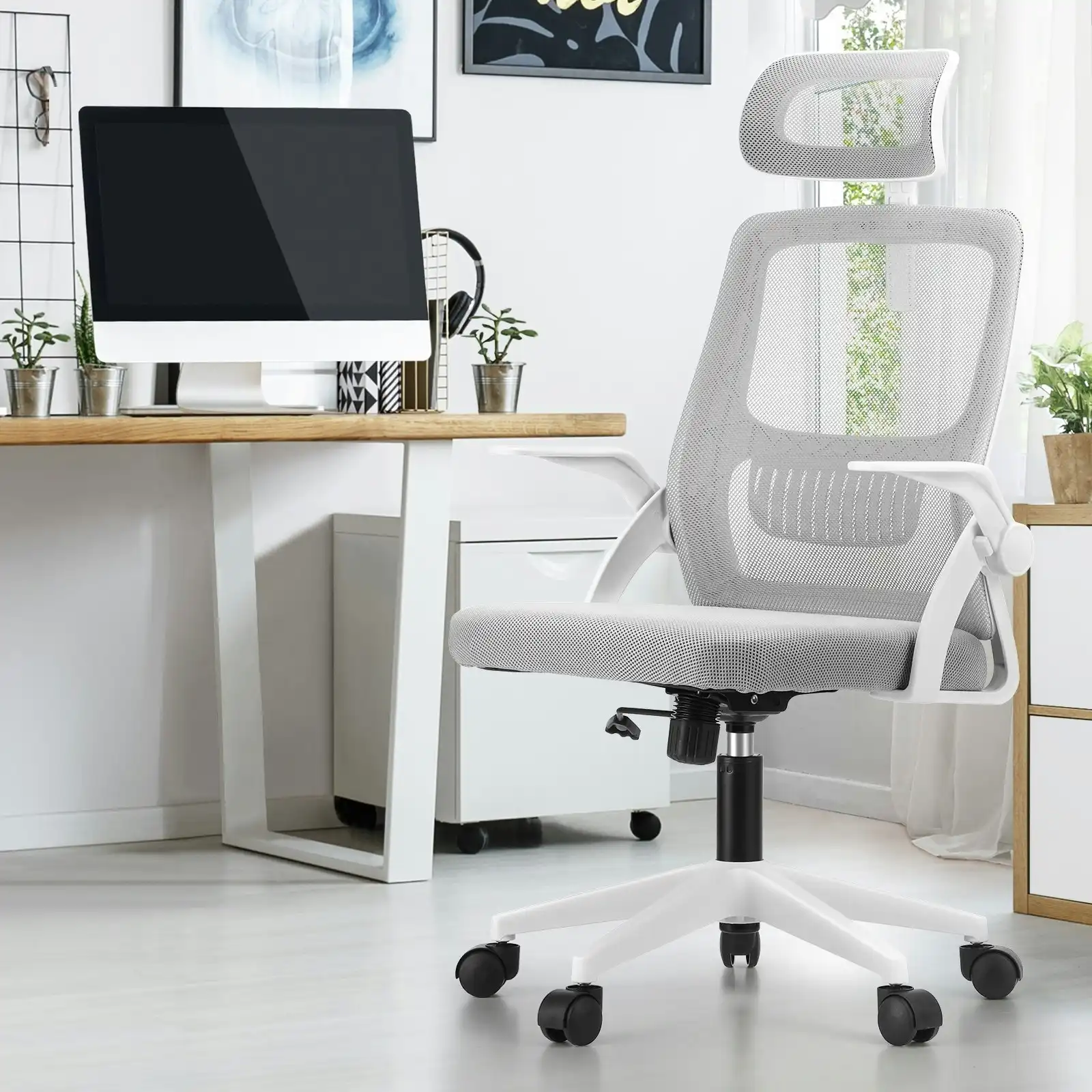 Oikiture Mesh Office Chair Executive Fabric Gaming Seat Racing Tilt Computer White