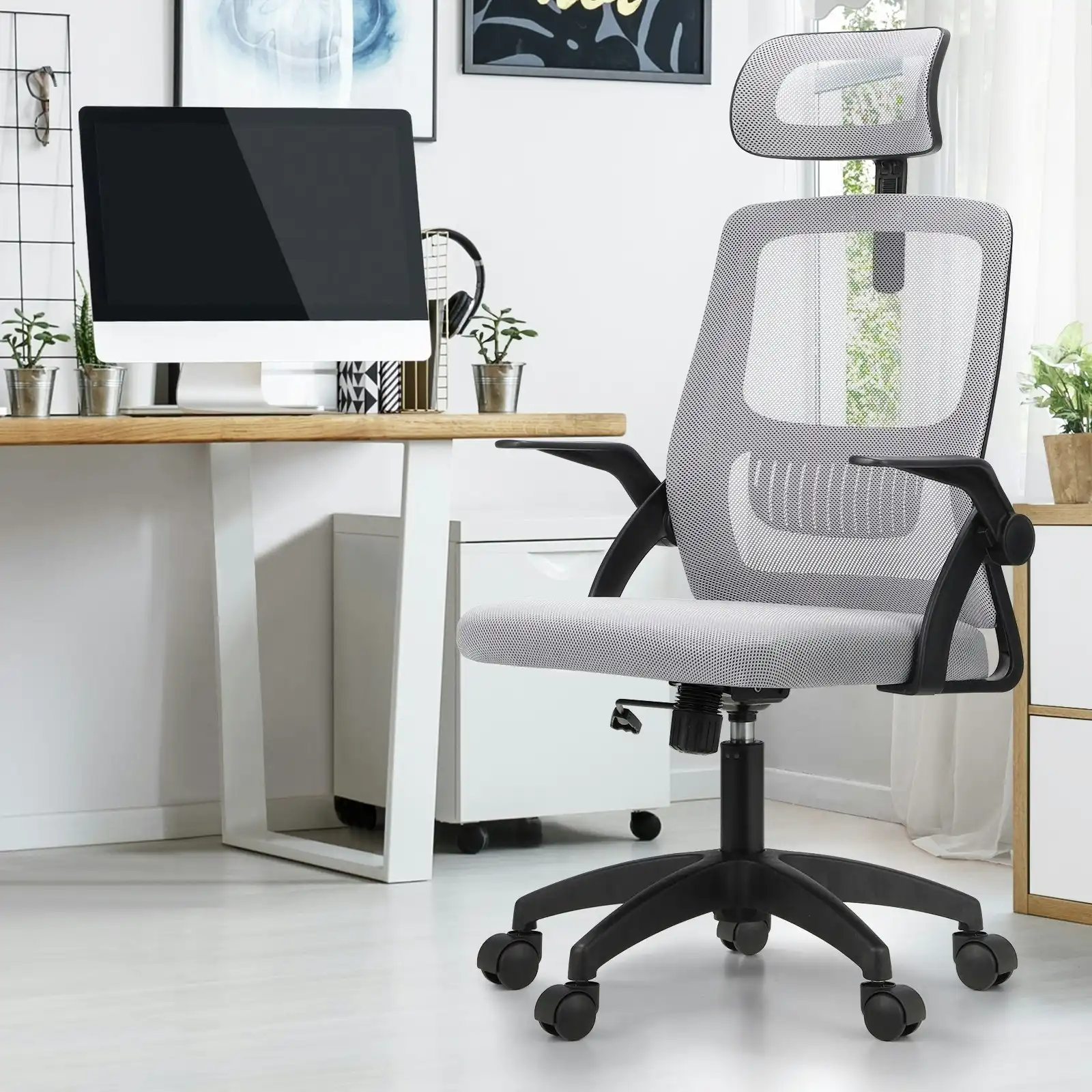 Oikiture Mesh Office Chair Executive Fabric Gaming Seat Racing Tilt Computer Black&Grey