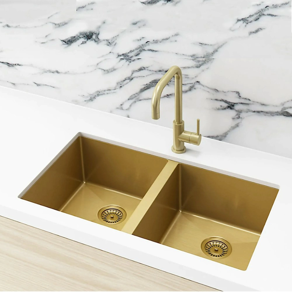 Meir Double Bowl PVD Kitchen Sink 760mm Brushed Bronze Gold MKSP-D760440-BB