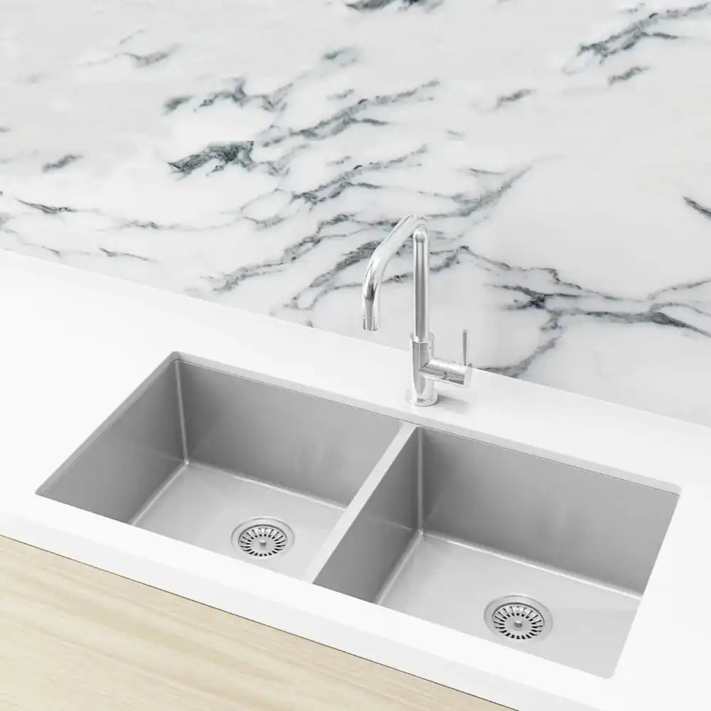 Meir Double Bowl PVD Kitchen Sink 860mm Brushed Nickel MKSP-D860440-NK